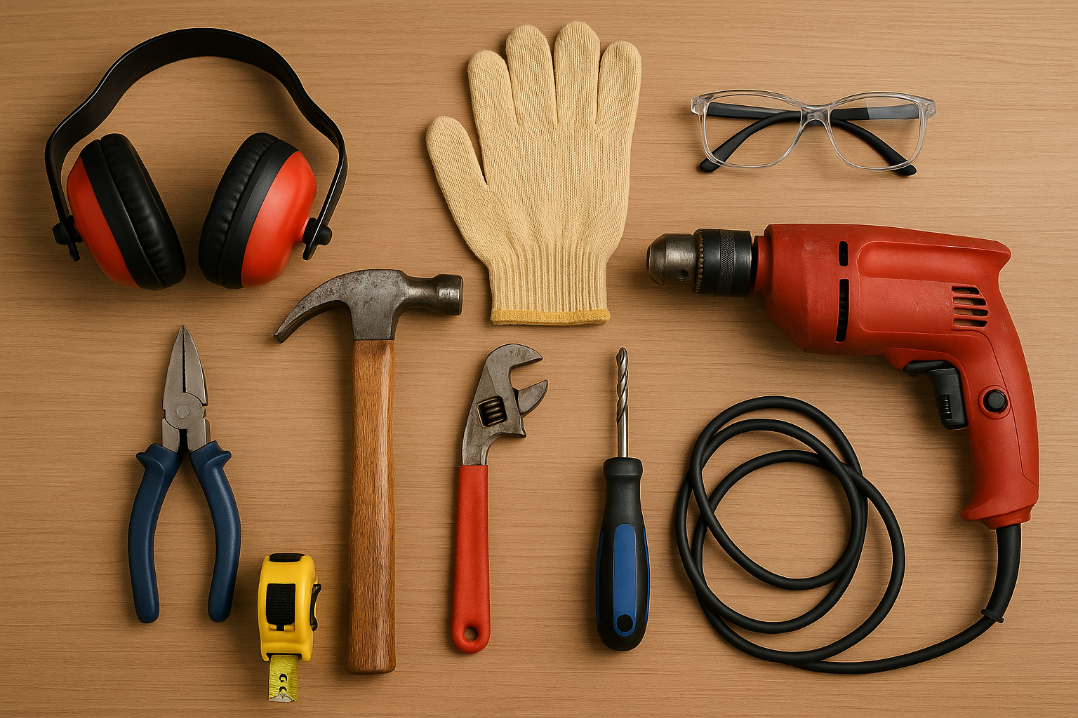 Varias herramientas manuales y eléctricas de bajo coste sobre una mesa.