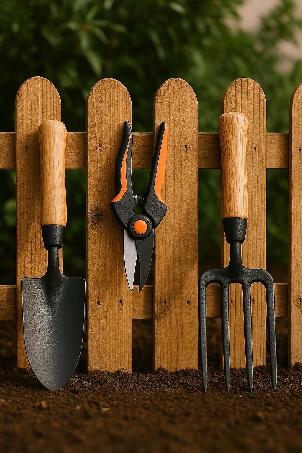 Colección de herramientas de jardinería esenciales apoyadas en una valla de madera.