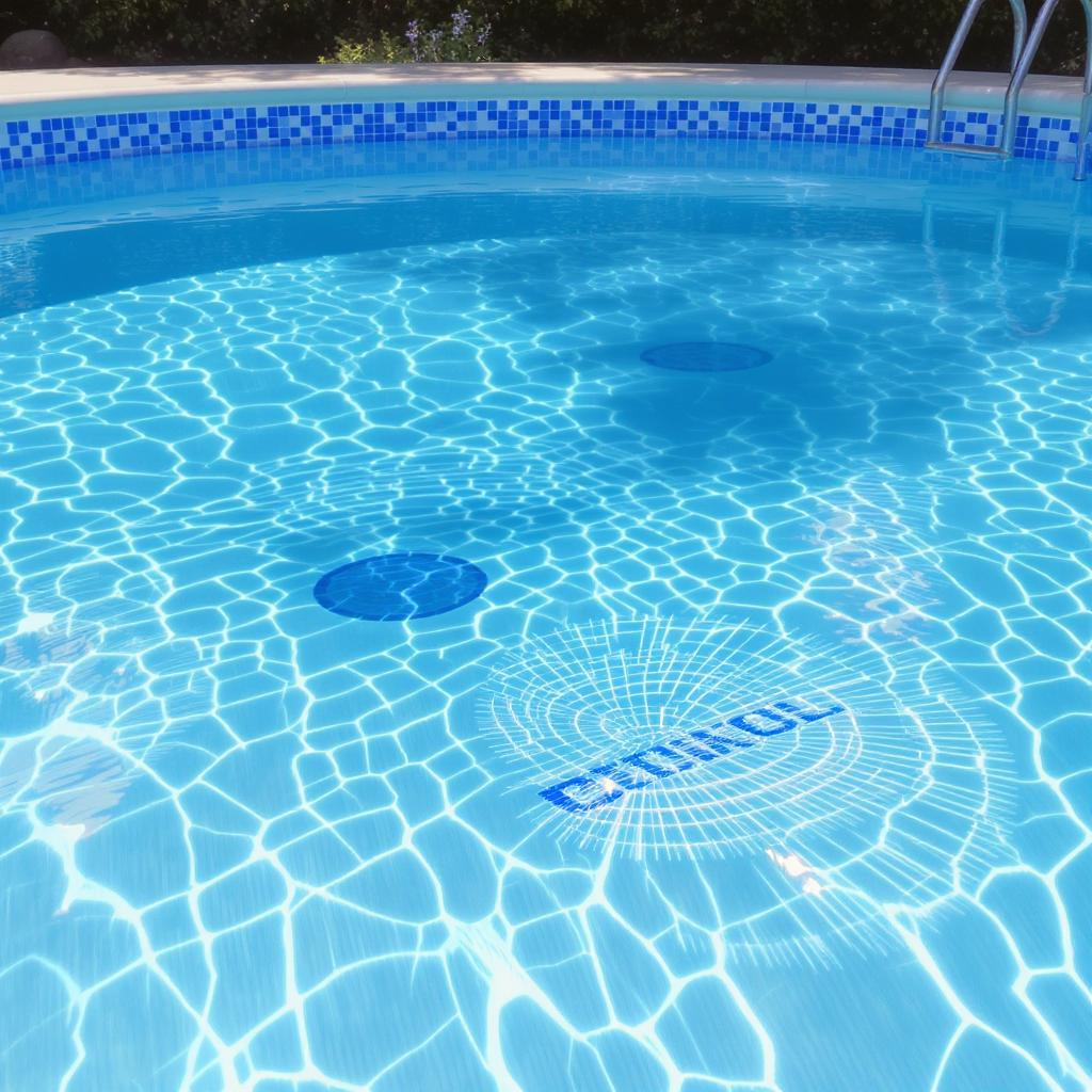Agua de piscina limpia y cristalina con accesorios de limpieza.