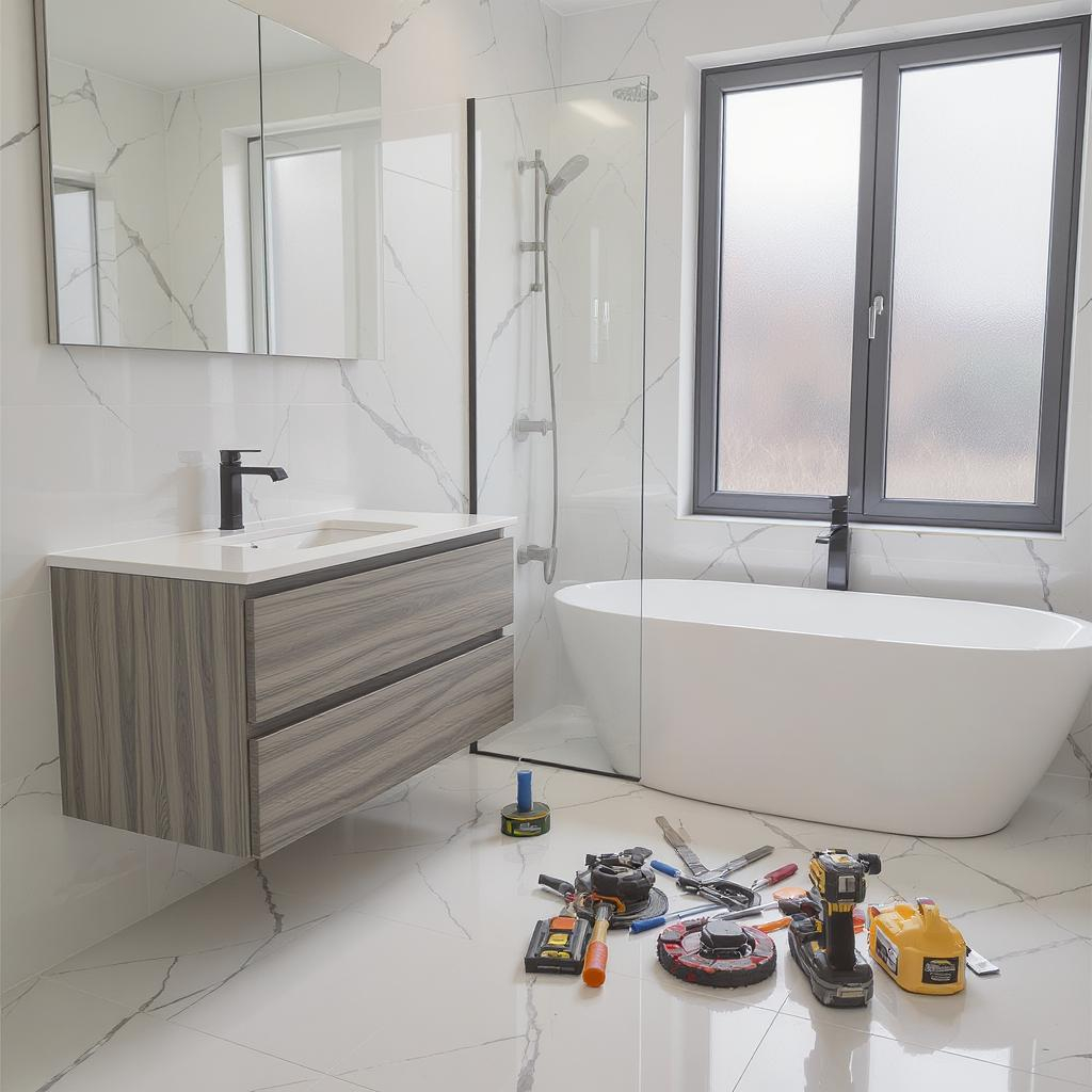 Baño moderno con herramientas de renovación en el suelo.