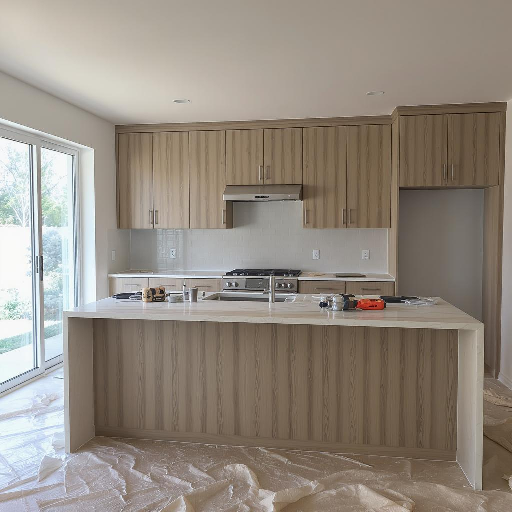 Cocina moderna en proceso de renovación con herramientas visibles.